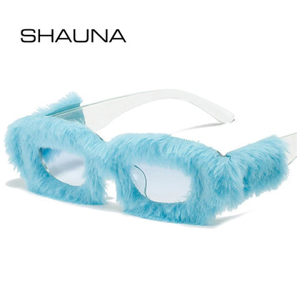 SHAUNA Retro Small Rectangle Sunglasses Women Fashion Blue Pink Soft Plush Decoration Trending Men Square Sun Glasses