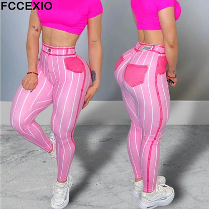 FCCEXIO Mode Denim Streifen Druck Frauen Sport Leggings Hohe Taille Läuft Sexy Engen Fitness Workout Yoga Gym Push Up Cowboy P