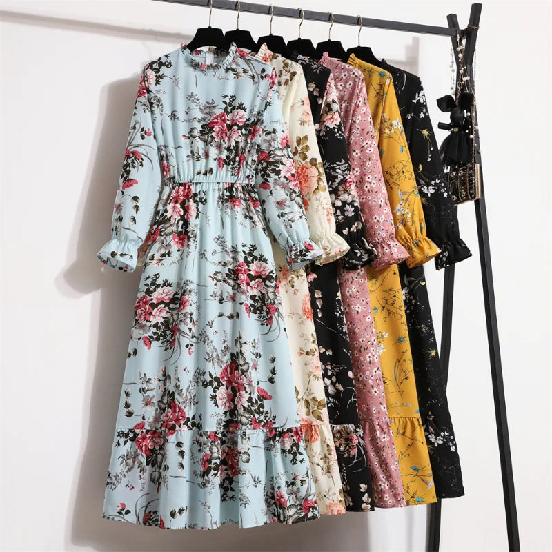 Autumn Spring Vestidoes Woman Chiffon Dresses Full Sleeve Vintage Printed Floral Zipper Casual Long Dress Women Maxi Dresses