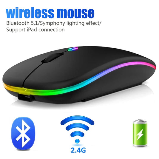 Souris sans fil pour ordinateur portable PC Bluetooth RGB Souris rechargeables Souris sans fil silencieuses pour ordinateur Souris de jeu ergonomique rétroéclairée par LED