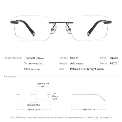 FONEX Titan-Brillenrahmen für Herren, quadratisch, Magnetclip, randlose Brille mit 3D- und polarisierten Gläsern und Nachtsichtgläsern F85761