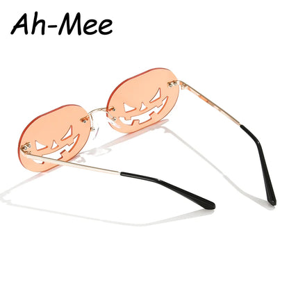 Randlose Kürbisform Halloween Sonnenbrille Frauen Männer Oval Legierung Rahmen Sonnenbrille Weibliche Kürbis Punk Brille Oculos