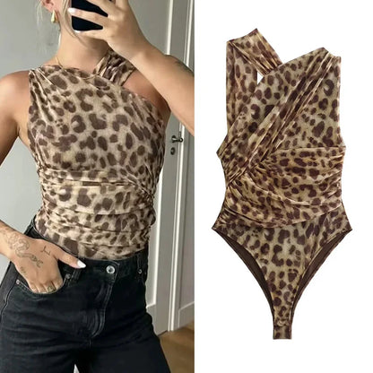 ONKOGENE 2024 Frau Body Leopard Print Mesh Ärmelloses Bodysuit Frauen Sommer Tüll Off Schulter Engen Body Dessous Sexy Body