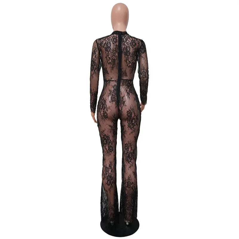 Summer Women Fashion Lace Hollow Out Bodysuit Pants Sets Slim Onesies Flare Pants Versatile Women's Chic Long Leggings