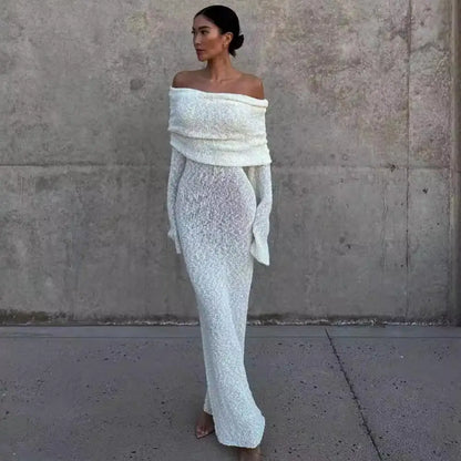 Robe longue en tricot sexy élégante pour femme, blanche, épaules dénudées, moulante, ajourée, au crochet, robe d'été, robes d'invitées de mariage, tenues de plage