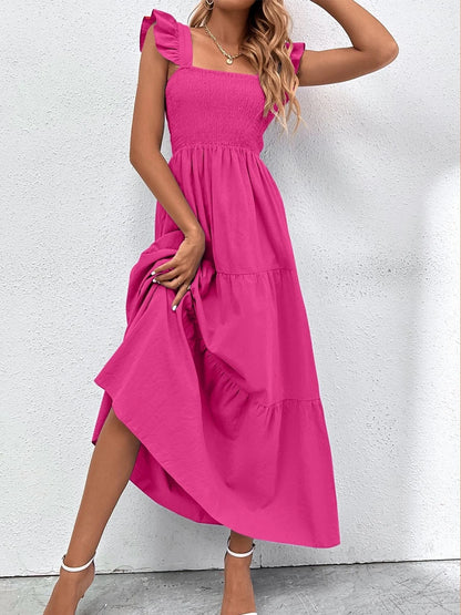 Summer Long Dress Women Sleeveless Elegant Party Dress Ladies Beach Square Neck Ruched Maxi Dresses For Women