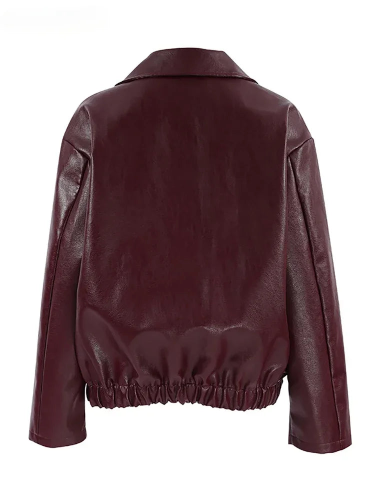 Street Leather Women' Jacket Wine Red Turn Down Long Sleeve Pu Female Coats 2024 Vintage Pocket Zipper Motorcycle Lady Outwears