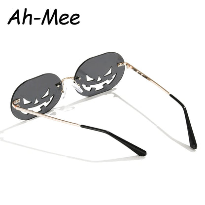 Randlose Kürbisform Halloween Sonnenbrille Frauen Männer Oval Legierung Rahmen Sonnenbrille Weibliche Kürbis Punk Brille Oculos