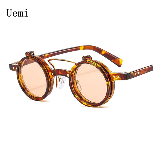 New Retro Punk Double Flap Round Sunglasses For Women Men Fashion Trending Sun Glasses Leopard Frame UV400 Rivets Eyeglasses