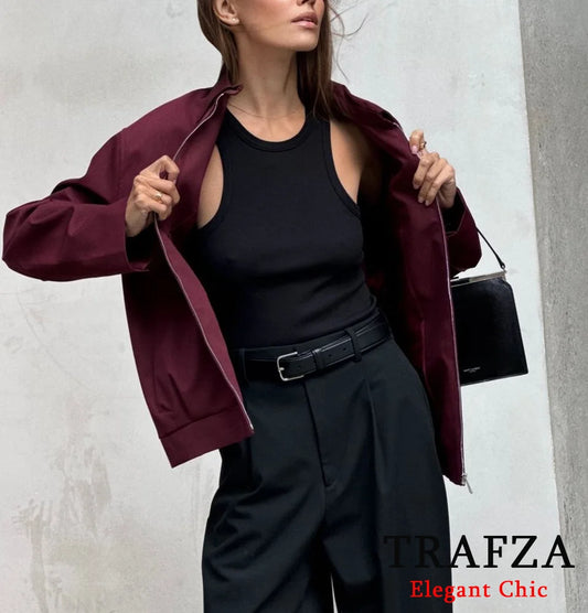 TRAFZA-Frauen Vintage Lose Zipper Jacke Revers Burgund Farbe Jacke Neue 2024 Herbst Mode Vielseitig Street Outwear Jacke