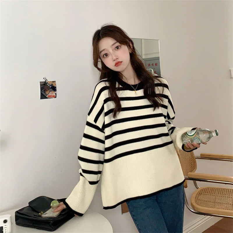 Y2k Sweet Women Striped Sweaters Korean Knitted Loose Long Sleeve Women Pullovers Autumn Retro Preppy Style Ladies Casual Tops