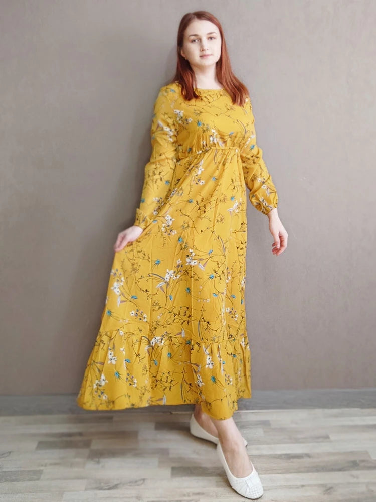 Printemps Été Femmes Maxi Robes Décontracté Manches Longues Imprimé Floral O-cou Femme Bohème Plage Fête Longue Robe Mujer Robes