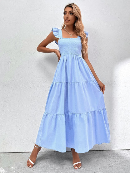 Summer Long Dress Women Sleeveless Elegant Party Dress Ladies Beach Square Neck Ruched Maxi Dresses For Women