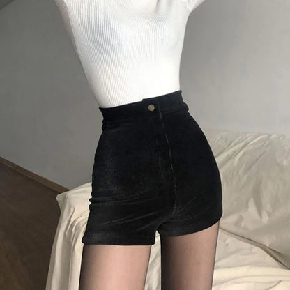 Black Women Corduroy Shorts Sexy Slim High Waist Female Casual Shorts Autumn Stretch Goth New Fashion All Wear Ladies Shorts