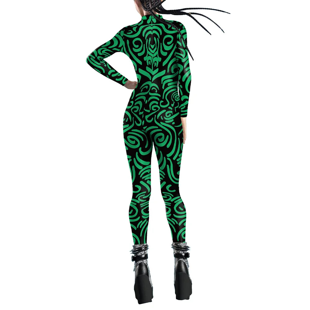 FCCEXIO Carnaval Fête Géométrique Ligne 3D Impression Femmes Sexy Skinny Combinaison Cosplay Costumes Fantaisie Slim Body 2023 Monos Mujer