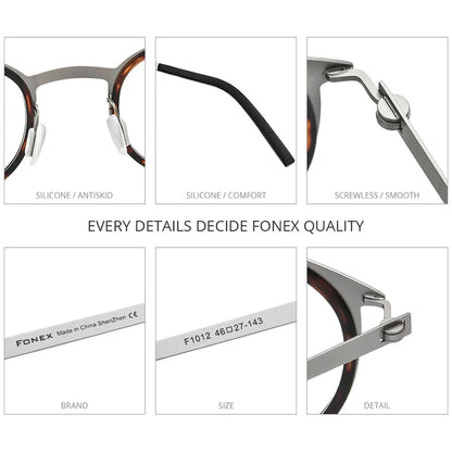 FONEX Acetate Alloy Glasses Men Women Vintage Round Frames Eyeglasses Screwless Korean Eyewear F1012