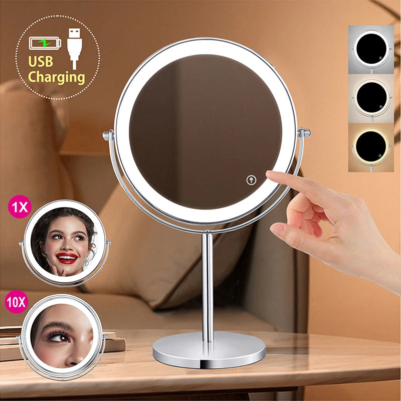 Miroir de maquillage à LED grossissant 10X de 8 pouces avec interrupteur tactile à 3 couleurs de lumière, miroir cosmétique de bureau à chargement USB double face