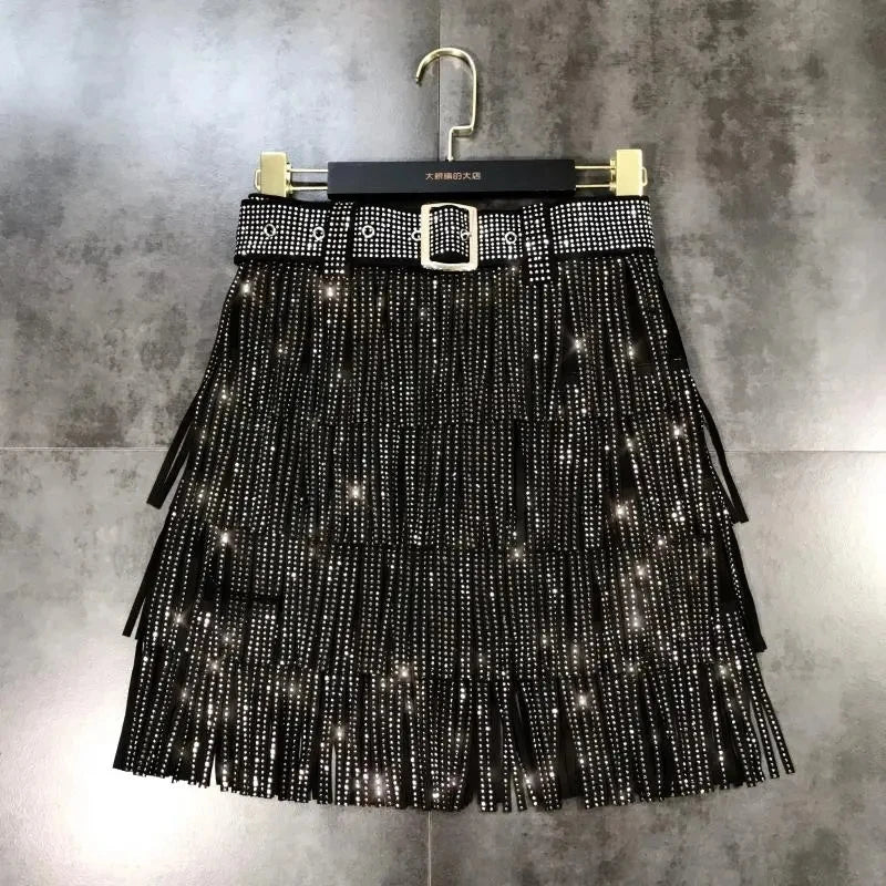 Rhinestones Multi-layer Tassel Belted Mini Skirt Casual Skirt For Spring& Summer Women's Clothing