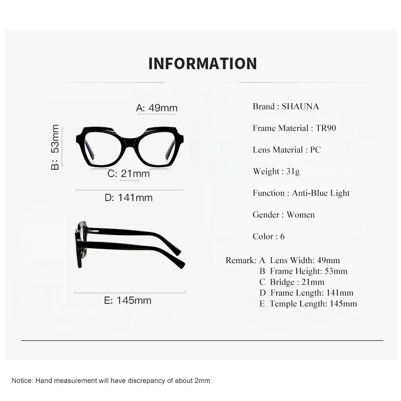 SHAUNA Anti-Blue Light Spring Hinge TR90 Oversized Colorful Women Cat Eye Optical Glasses Frames