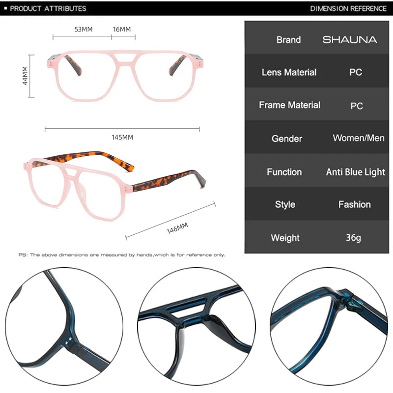 SHAUNA Fashion Double Bridges Women Glasses Frame Clear Anti-Blue Light Eyewear Men Optical Rivets Frame