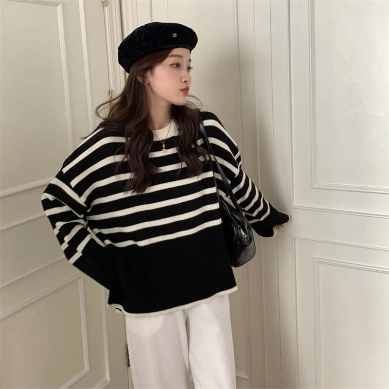 Y2k Sweet Women Striped Sweaters Korean Knitted Loose Long Sleeve Women Pullovers Autumn Retro Preppy Style Ladies Casual Tops