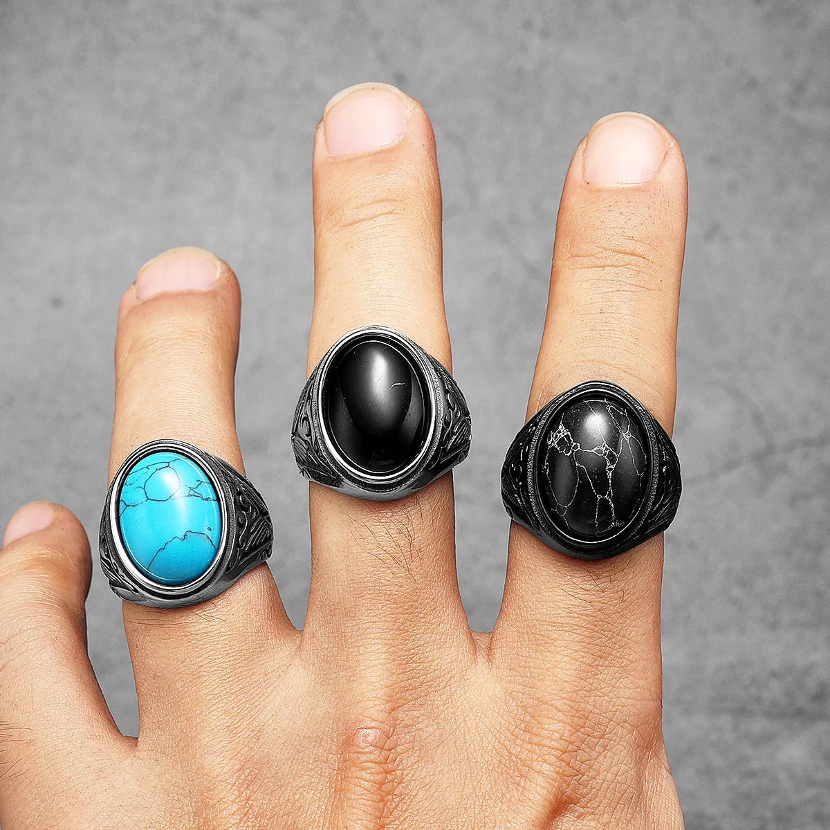 Black Turquoise Carved Men Rings Stainless Steel Women Jewelry Vintage Punk Rock Cool Stuff Fashion Accessories Gift Wholesale