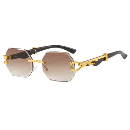 Vintage Classic Rimless Polygonal Metal Frame Glasses With Leopard Temples For Men Women Outdoor Party Vacation Travel Driving