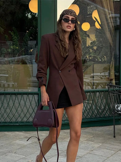 Lapel High Waisted Slim Fit Women's Suit Jacket Long Sleeved Solid Color Button Coats 2024 New High Street Fashion Ladies Coat