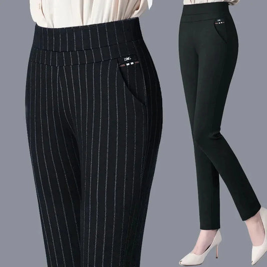 Pantalons pour femmes à rayures noires OL Vêtements formels pour femme Pantalon automne hiver Slim Vêtements féminins Longueur cheville Élastique Basics