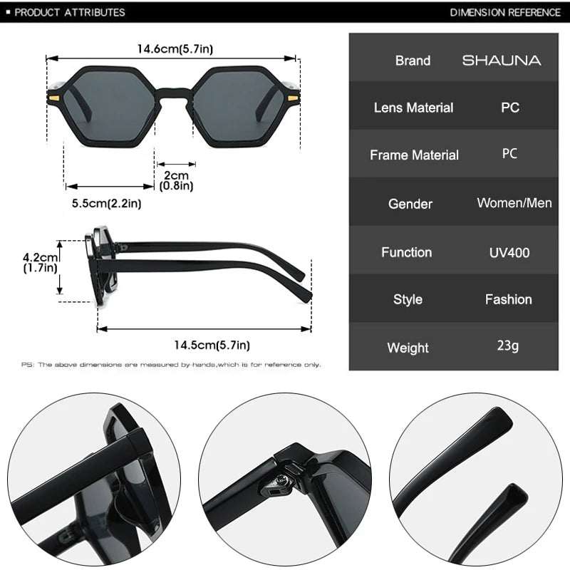 SHAUNA Retro Polygon Damen Sonnenbrille Fashion Gradient Shades UV400 Herren Nieten Sonnenbrille