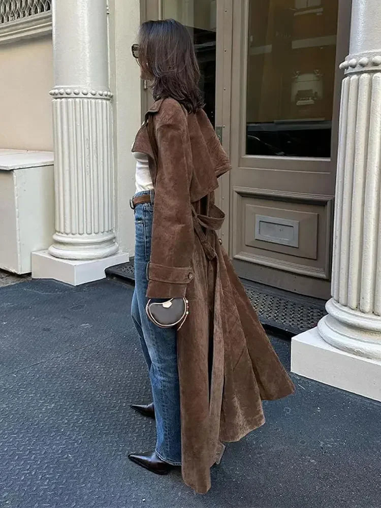 Manteau long en similicuir kaki pour femme avec ceinture, manteau surdimensionné à revers croisé à la mode, automne, vêtements d'extérieur pour femmes