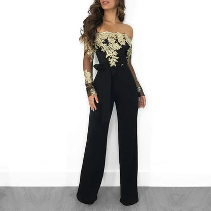 Appliques Lace Patchwork Jumpsuit Women Sexy Off Shoulder Slash Neck Long Sleeve Elegant Wide Leg Pants Jumpsuit Party Overalls