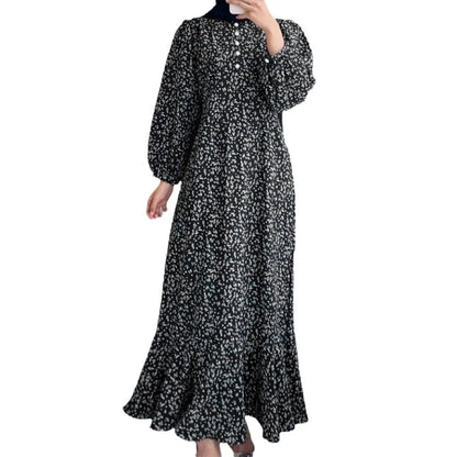 Women Fashion Loose Printed Long Sleeve O Neck Muslim Abaya Dress Vintage Ruffles Hem Sundress Robe Femme Turkey Vestido Kaftan