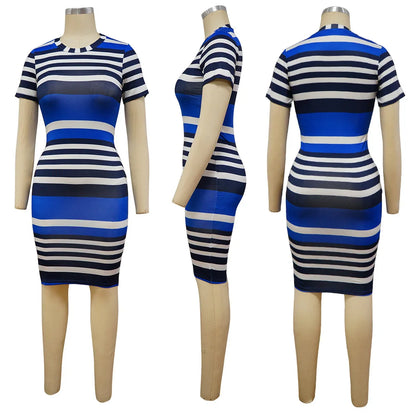 Causal Women 2024 Crew Neck Striped Short Sleeve Dress Office Ladies Dresses For Women Robe Femme