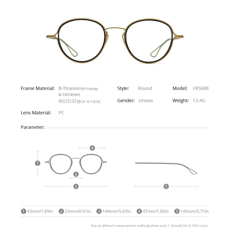 FONEX Lunettes de vue en titane pour hommes et femmes, monture ronde vintage avec anneau intérieur en titane F85688