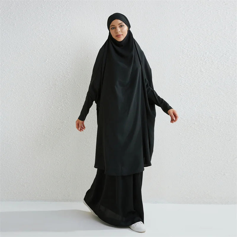 Muslim Sets Two Pieces Prayer Clothing Long Hooded Smocking Sleeve Shirts Hijab Loose Maxi Skirts Elastic Waist Women Abaya Sets