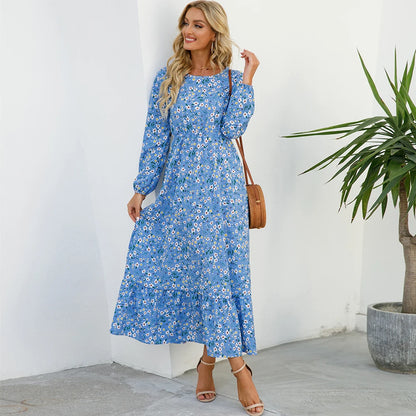 2023 Printemps Été Bohème Femmes Maxi Robe Décontractée À Manches Longues Taille Haute Plage Femme En Mousseline De Soie Robes Florales Robes Mujer Nouveau