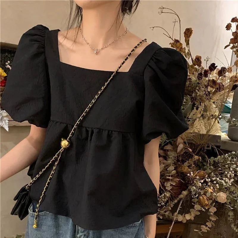 Korean Solid Women Crop Shirt Sweet Folds Puff Short Sleeve Female Blouse Summer New Preppy Style Loose Square Collar Ladies Top