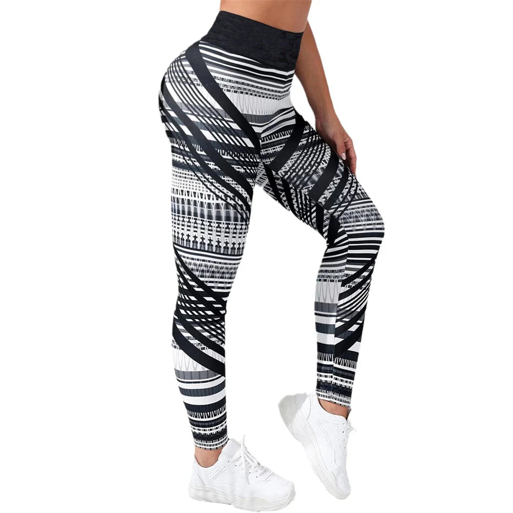 FCCEXIO Damen Sport-Leggings mit schwarzem Streifenmuster, hohe Taille, zum Laufen, sexy, eng anliegend, Fitness, Workout, Yoga, Fitnessstudio, Push-Up-Hose