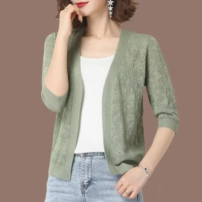 Nouveaux cardigans d'été surdimensionnés 2xl en tricot, vestes à demi-manches, manteaux en tricot en dentelle, coréens élégants, tendance, hauts ajourés pour protection solaire