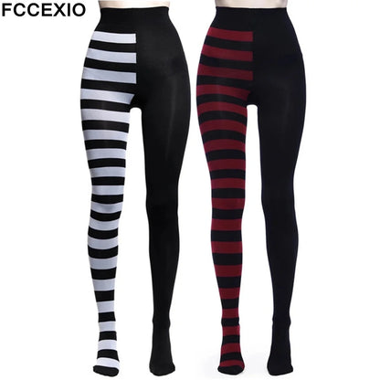 FCCEXIO Neue gestreifte Yoga-Leggings für Frauen, Print im Gothic-Stil, lange Strumpfhosen, lässig, Punk, Damen, Sport, hohe Taille, Workout, elastische Leggings