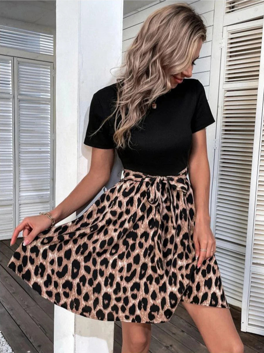 Women Leopard Patchwork A-line Dress 2024 Summer O Neck Short Sleeve Mini Dresses Office Lady Casual Dresses Vestido Playa