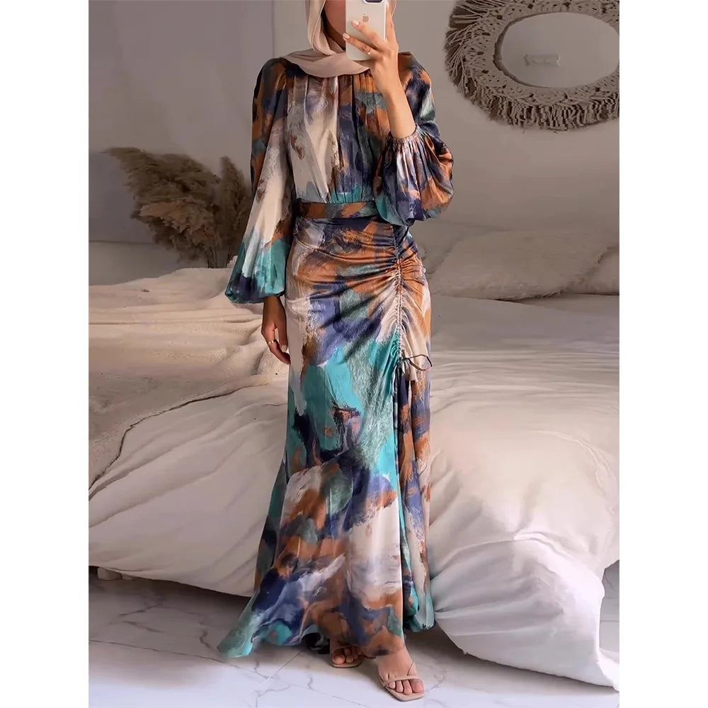 Colorful Printed Pleated Dress Women Half High Collar Long Lantern Sleeves Dresses Female Fashion Drawstring Slim Commuter Robe