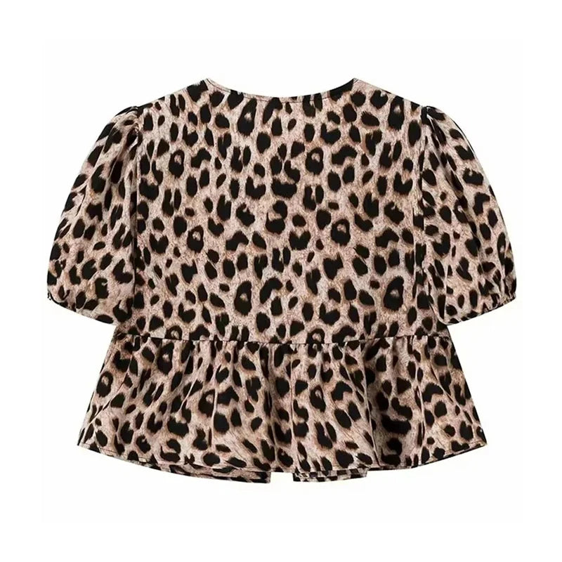 ONKOGENE Leopard Print Crop Top Frauen Puff Ärmel Rüschen Blusen Frau 2024 Sommer Shirts und Blusen für Frauen Gerüschte Damen Tops