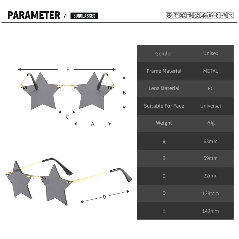 SHAUNA Unique Rimless Pentagram Sunglasses Fashion Five-pointed Star Shades UV400