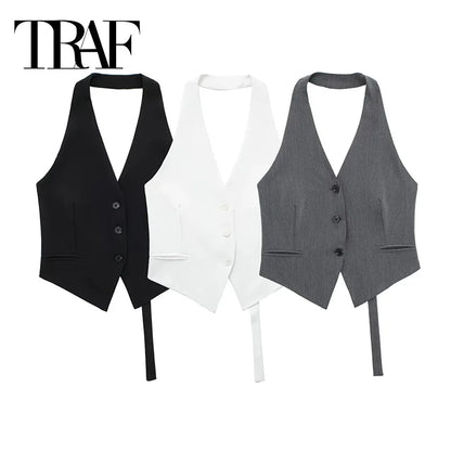 Gilet sans manches à épaules dénudées TRAF pour femme, gilet court noir et blanc, mode femme, dos nu, col en V, manteaux courts, gilet d'été