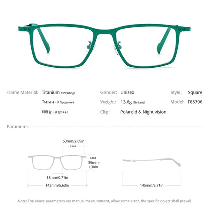 FONEX Herrenbrille aus reinem Titan, quadratische Magnetclip-Brille mit Nachtsicht und polarisierten Gläsern, F85796