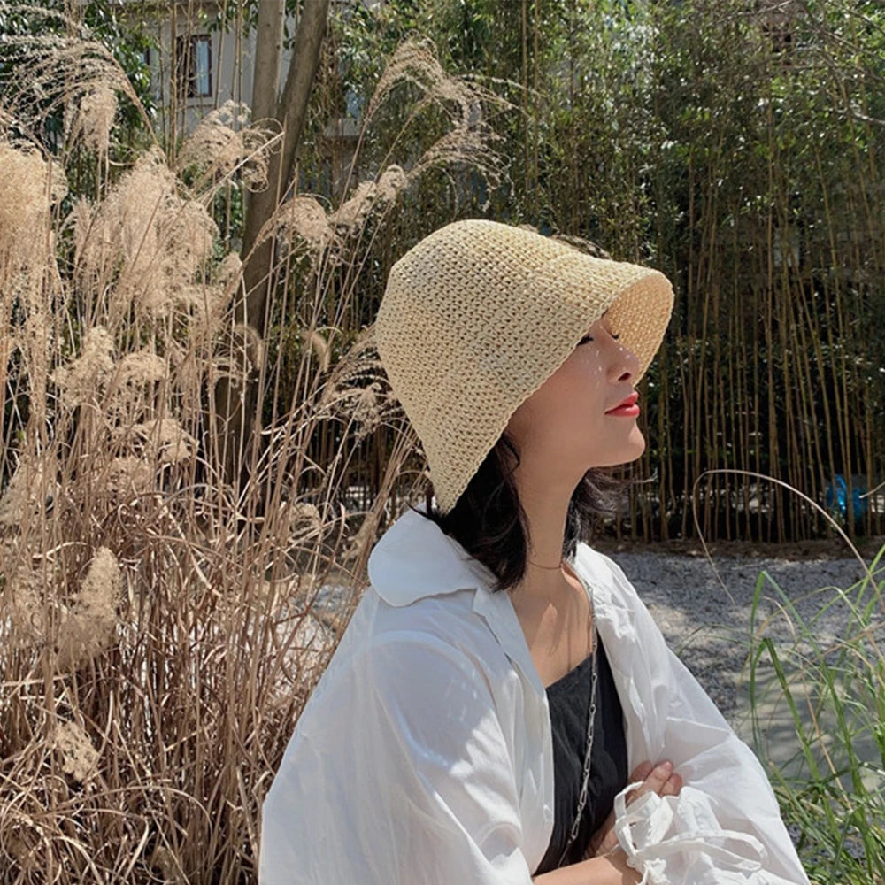 Chapeau de pêcheur tendance pour femme, chapeau d'été en paille tissé à la main, chapeau de plage, chapeau de protection solaire