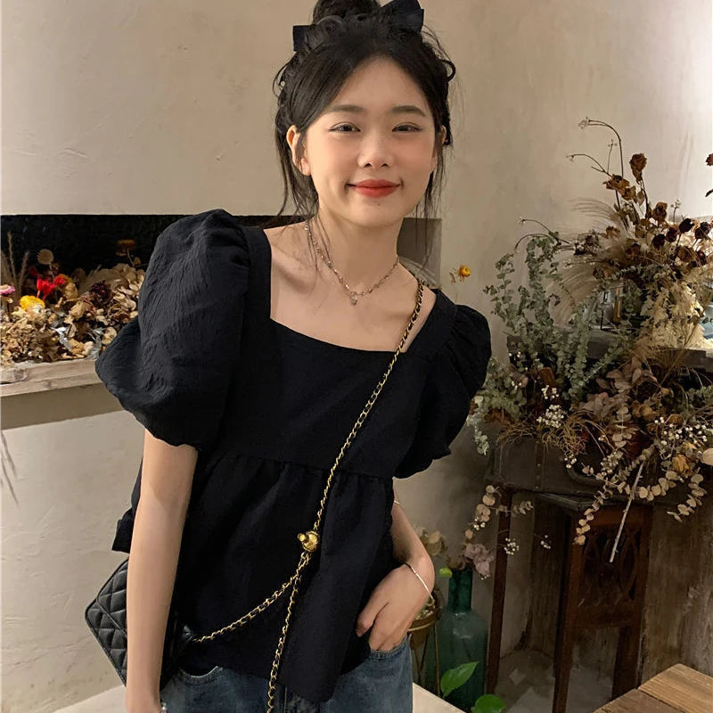 Korean Solid Women Crop Shirt Sweet Folds Puff Short Sleeve Female Blouse Summer New Preppy Style Loose Square Collar Ladies Top