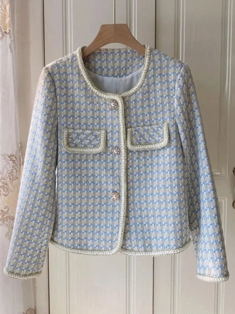 Veste en tweed parfumée vintage française de haute qualité pour femme, manteau court décontracté à carreaux pour printemps et automne